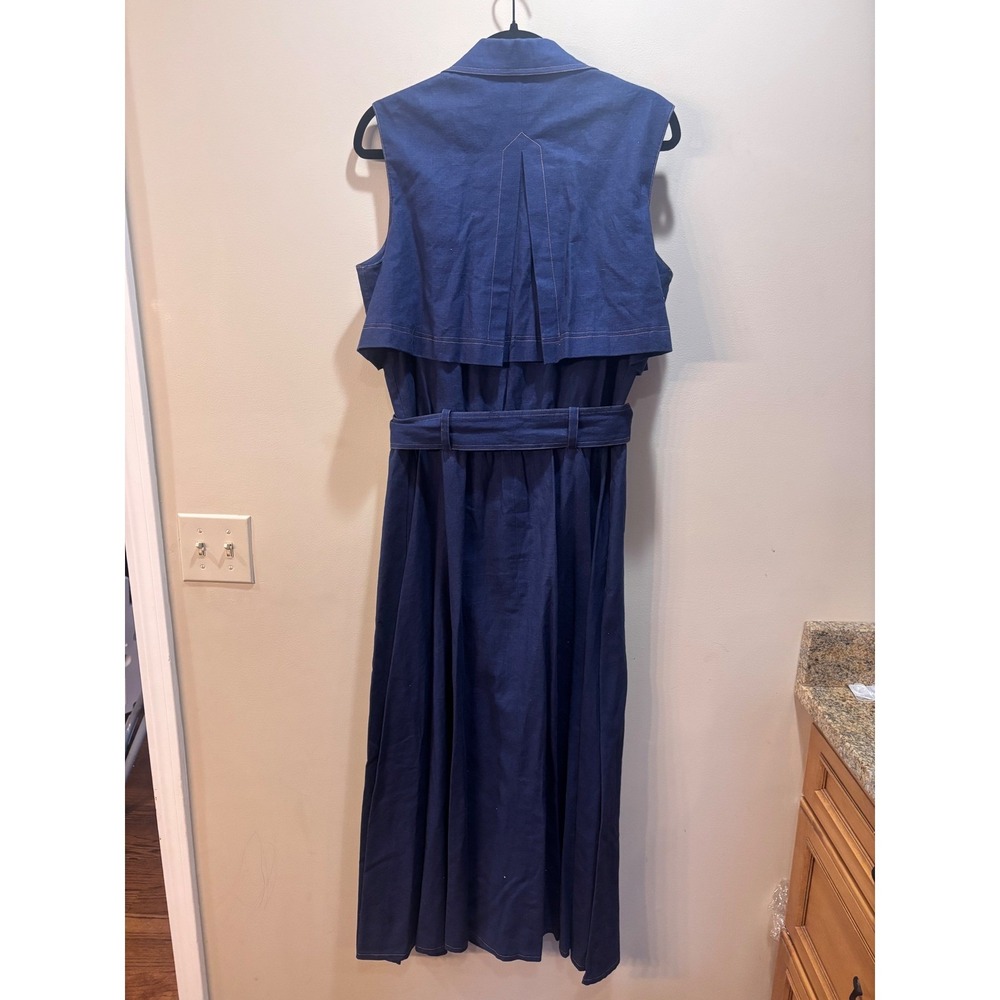 Donna Morgan for Maggy Sleeveless Trench Style Dress Midi Blue Linen Cotton 14‎ - Picture 2 of 9